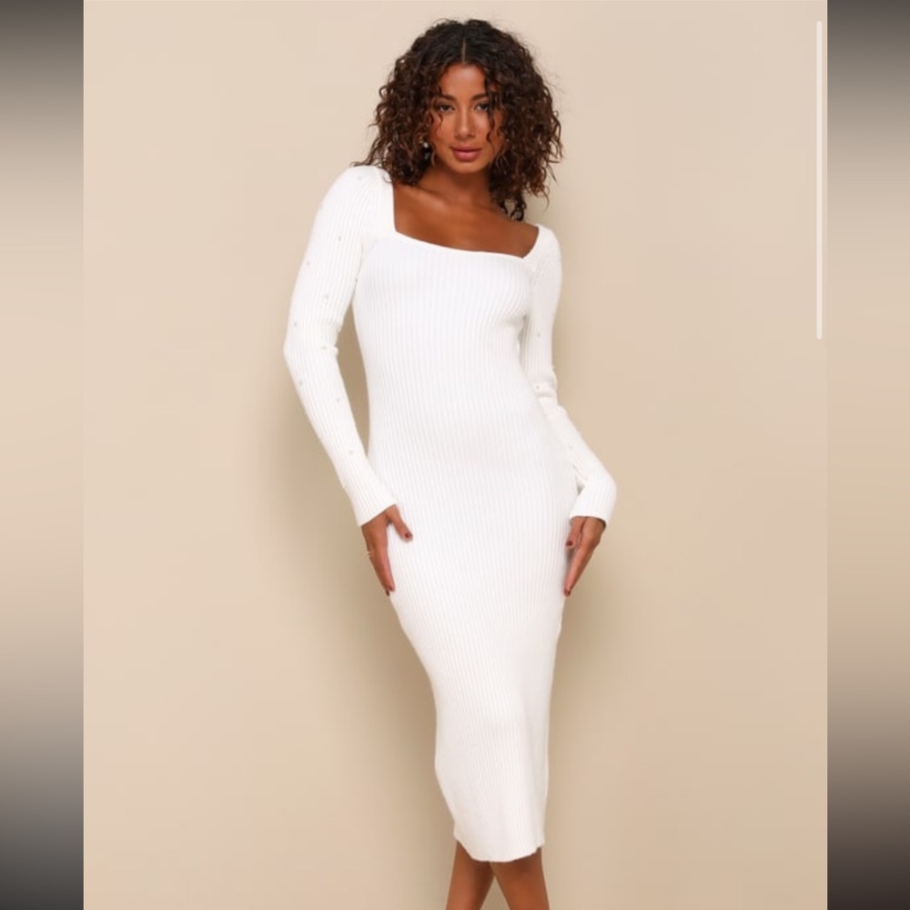Gleaming Babe White Ribbed Knit Pearl Sweater Dress- Lulus